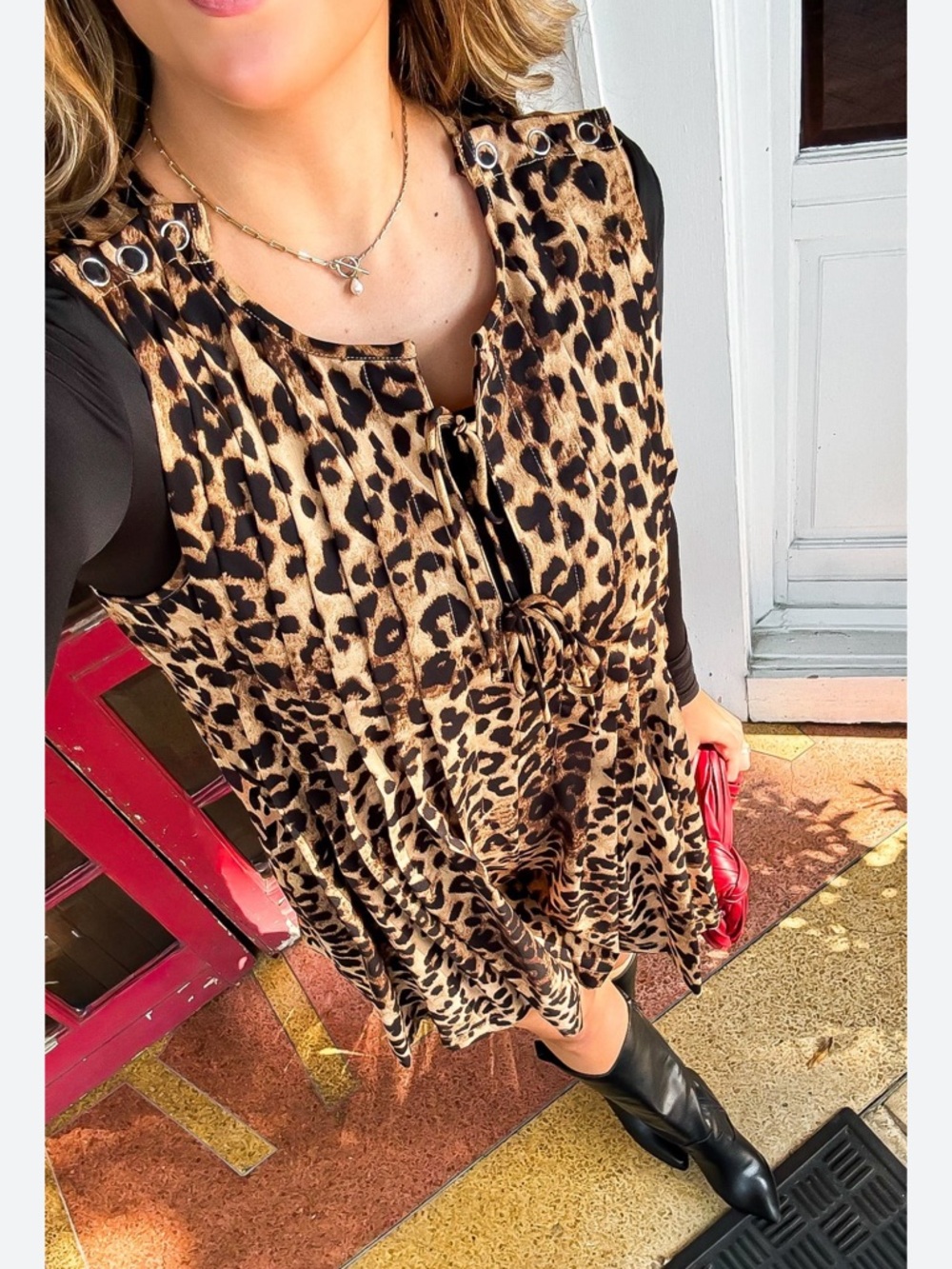 Sleeveless Leopard-Print Romper with Front Tie - Tan & Black - Picture 2 of 15